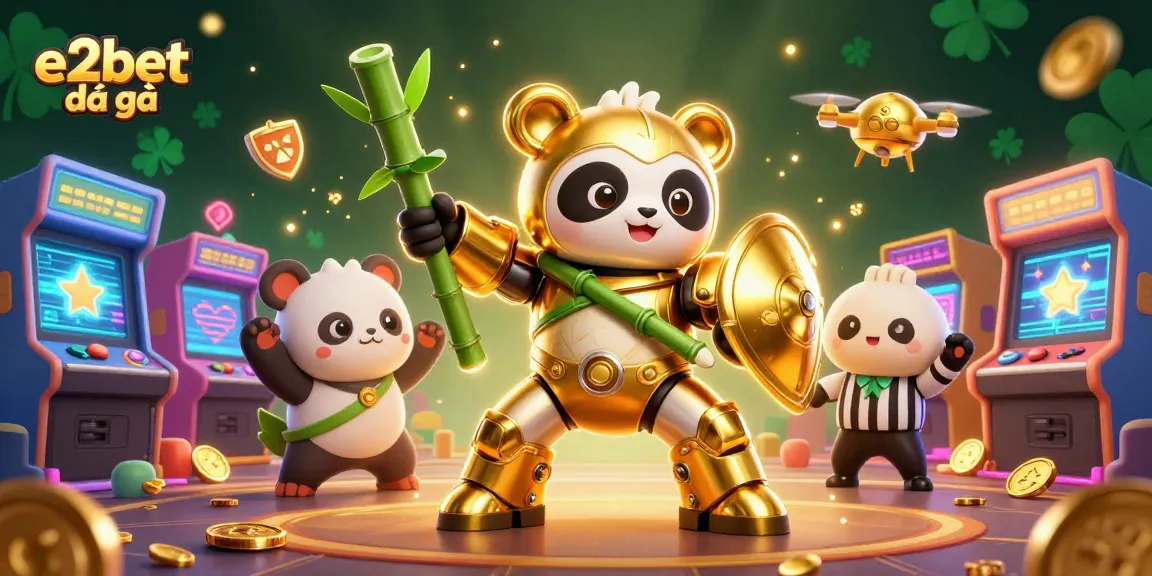 Join the action with e2bet đá gà featuring a mech-suit panda and colorful game elements.
