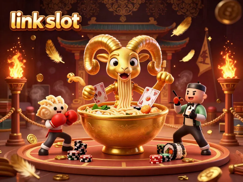 Engage with the link slot scene of a giant ramen bowl character in a vibrant casino atmosphere.