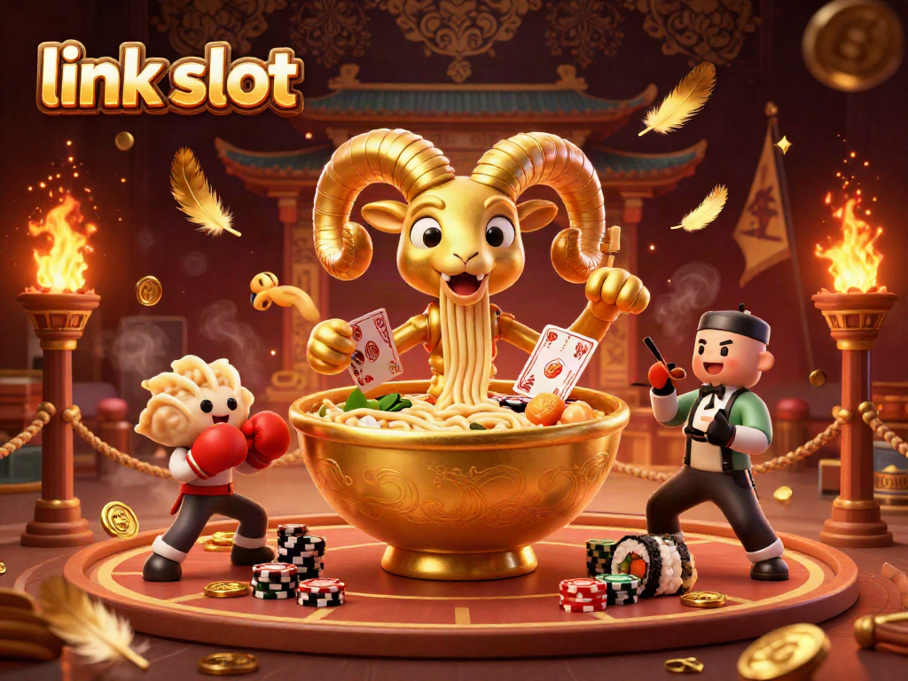 Engage with the link slot scene of a giant ramen bowl character in a vibrant casino atmosphere.