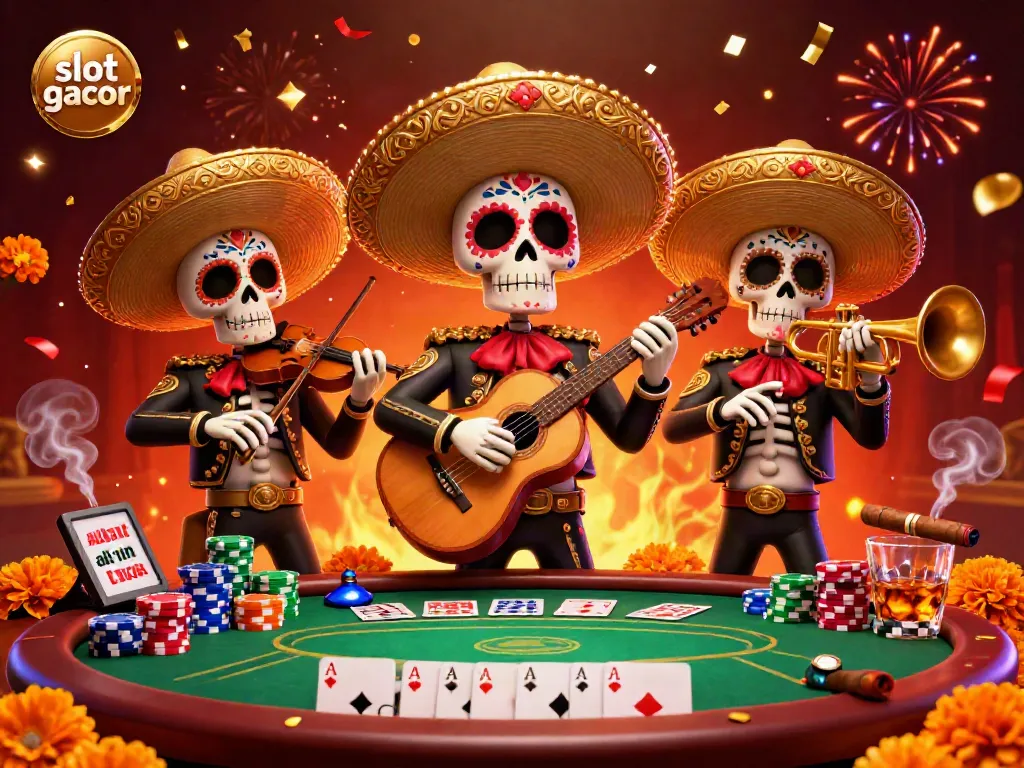 Engage with exhilarating slot gacor games amid lively mariachis and a poker scene filled with casino excitement.