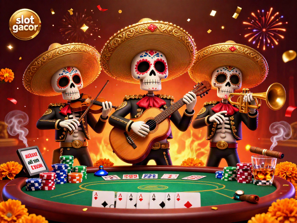 Engage with exhilarating slot gacor games amid lively mariachis and a poker scene filled with casino excitement.