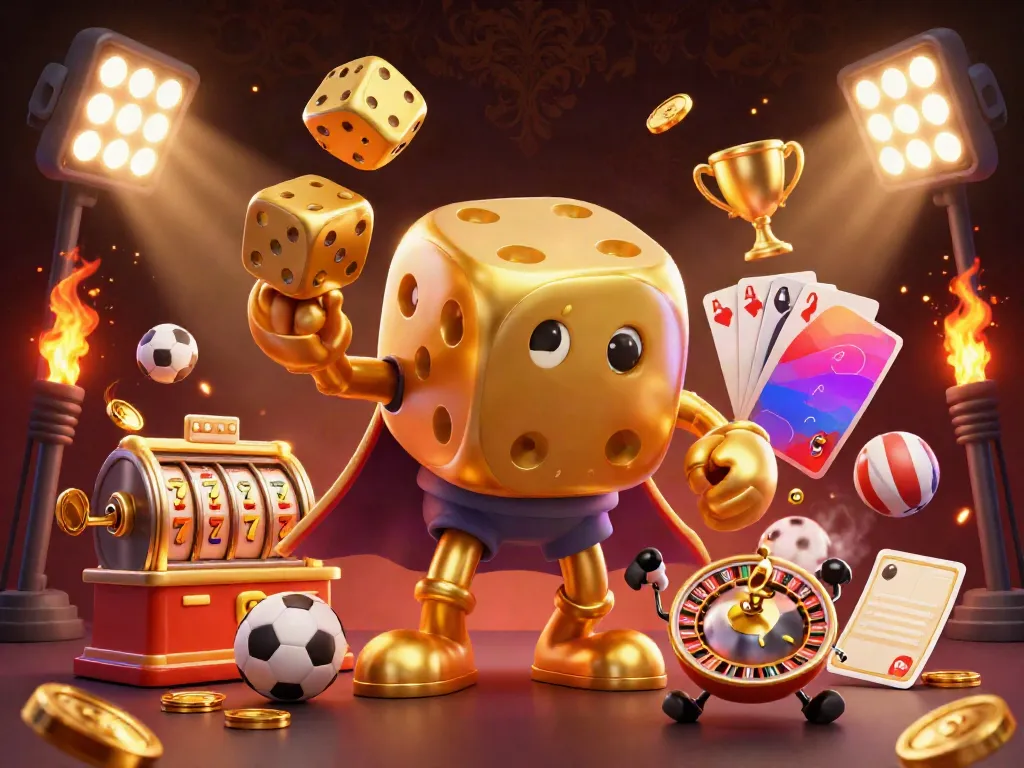 Experience thrilling slots with golden dice and action in a dynamic casino scene.
