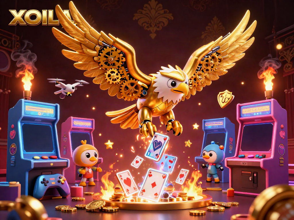 Experience the thrill of XOILAC with a dynamic scene showcasing a golden eagle amidst holographic playing cards and vibrant game elements.