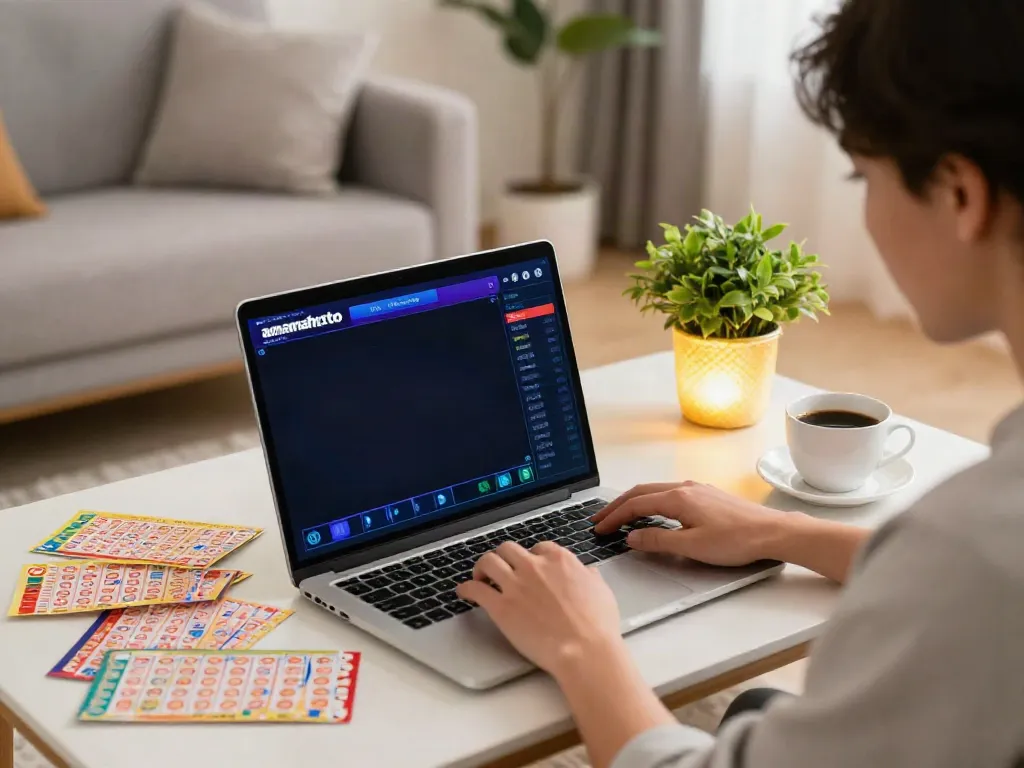 Player engaging with amanahtoto online lottery in a cozy living room.