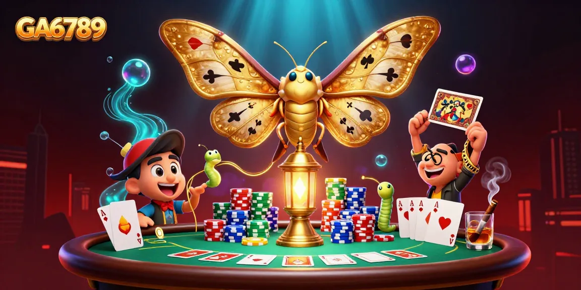 Experience GA6789 action with a vibrant 3D casino scene featuring an atlas moth and poker elements.