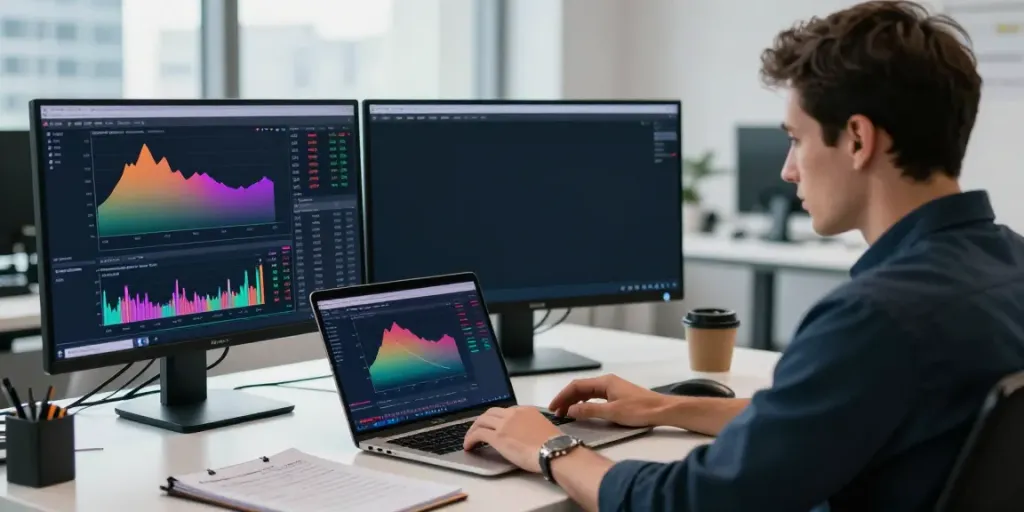 Trader using MetaTrader 5 in a modern office setting with charts and financial news.