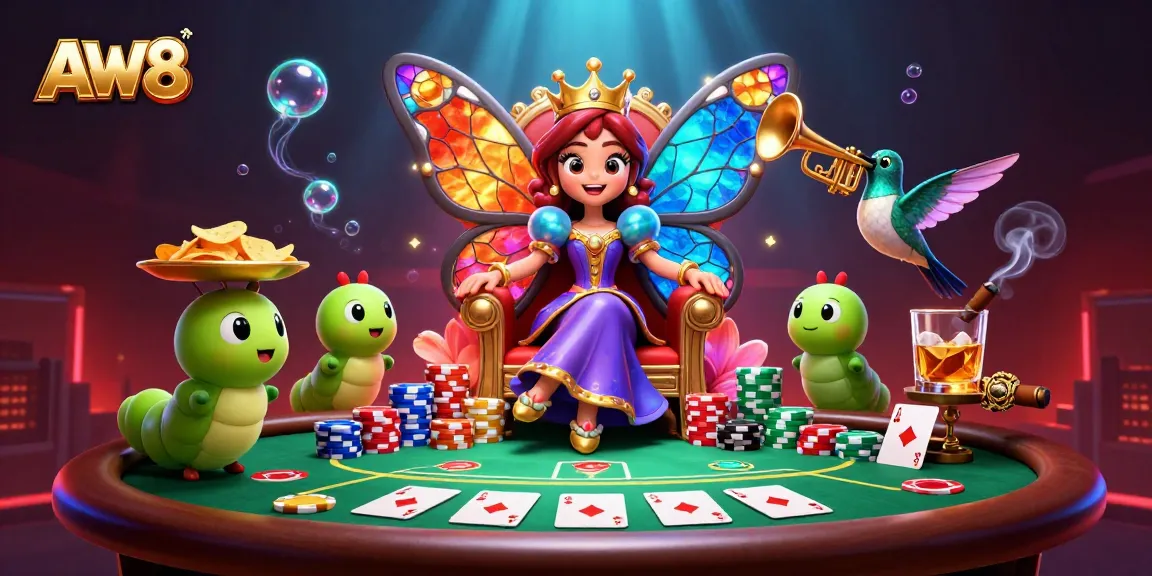 Engage in the AW8 casino universe with a vibrant 3D scene of gaming royalty and rich poker elements.