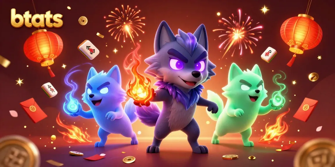 Engage with btats gaming action featuring colorful wolves, festive tiles, and lanterns in a vibrant casino scene.