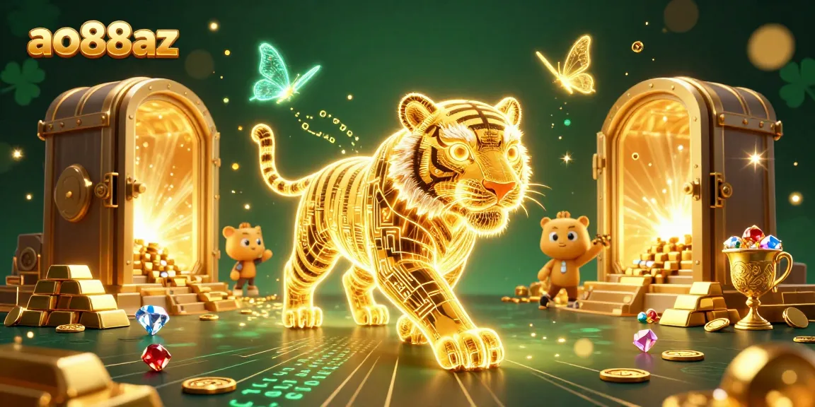Engage with ao88az for thrilling casino adventures, featuring a glowing tiger and treasure in a digital landscape.