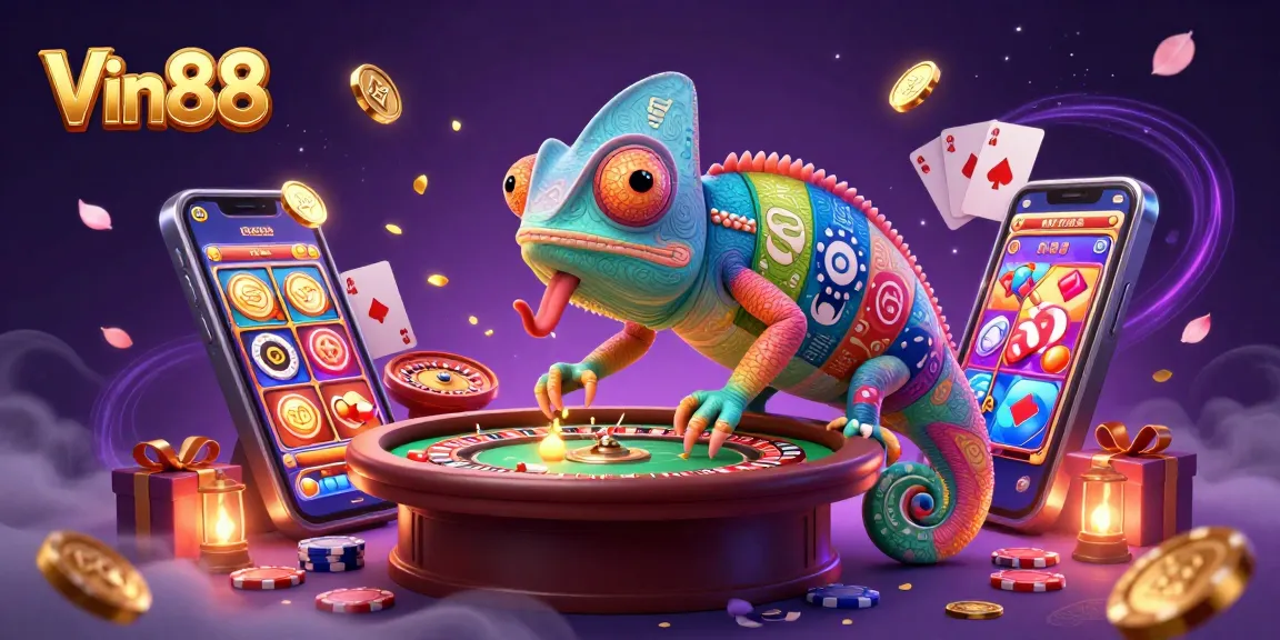 Experience Vin88's vibrant gaming scene with the chameleon casino owner attracting golden coins.