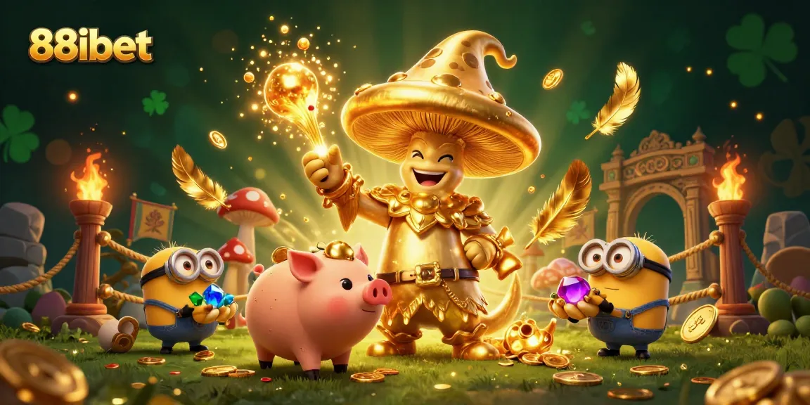 Experience the magic of 88ibet with a golden wizard and treasure-finding pig in a vibrant casino scene.