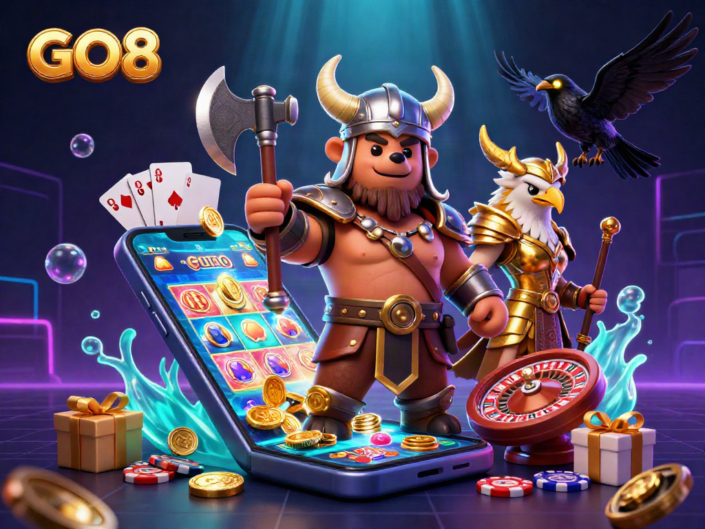 Experience GO8 excitement with a dynamic 3D scene showcasing a Viking bear and Valkyrie eagle amidst vibrant casino elements.