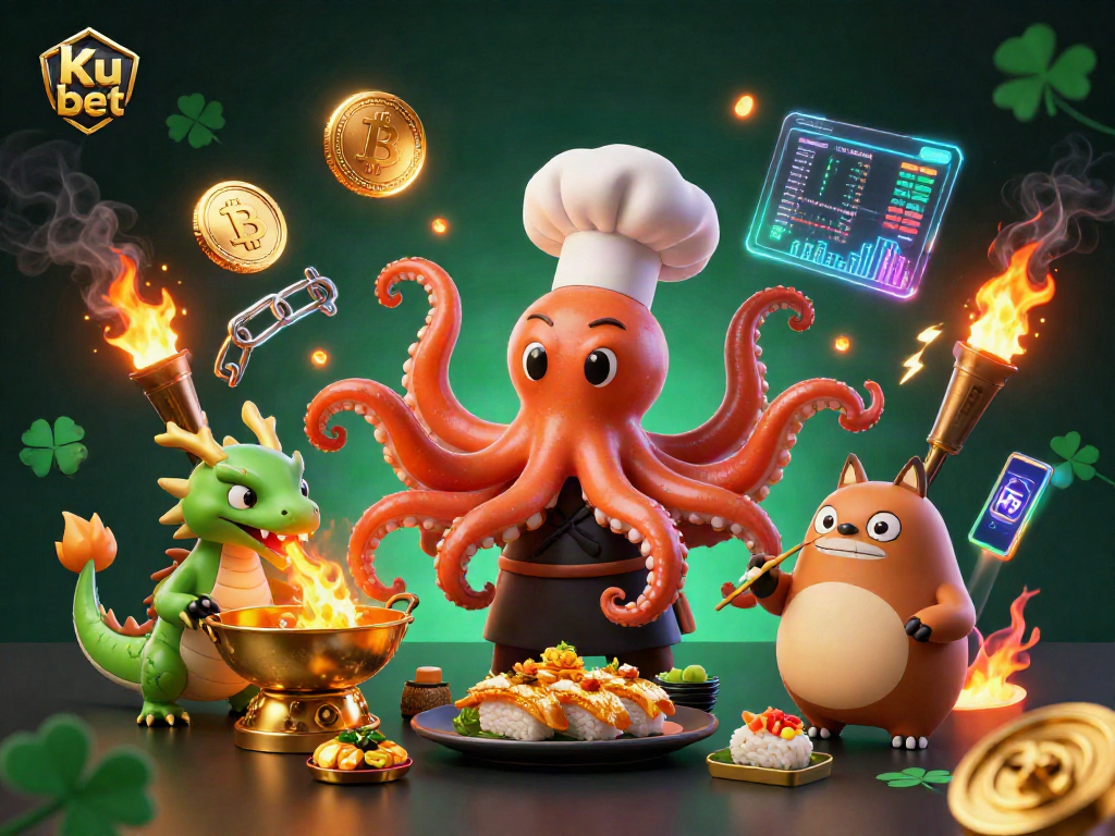 Engage in thrilling games at Ku bet with a colorful 3D illustration of vibrant characters and crypto elements.
