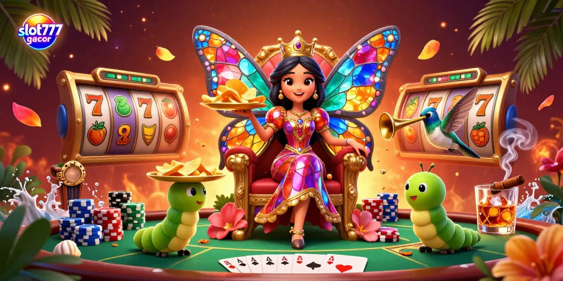 Engage with slot777 gacor in a vibrant 3D casino scene featuring a butterfly queen and dynamic slot elements.