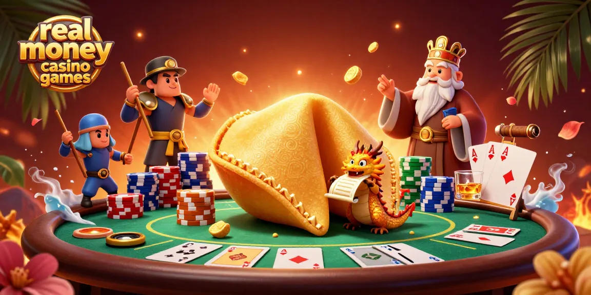 Experience thrilling real money casino games with golden fortune cookie, dragon, and poker elements.