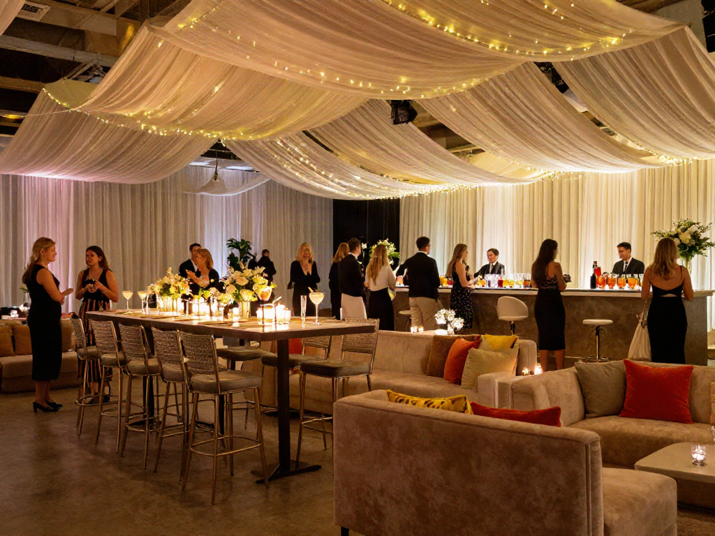 Event furniture rental showcased in an elegant wedding reception with chic lounge setups and ambient lighting.