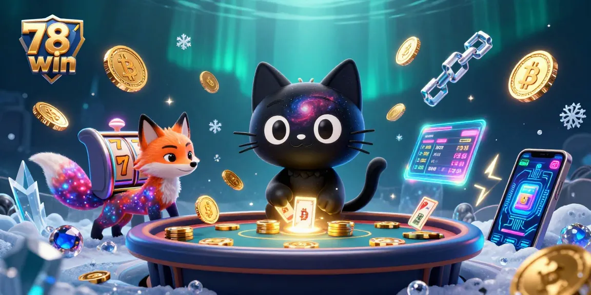 Experience the thrill of 78win with a cosmic casino scene featuring a black hole cat and vibrant game elements.