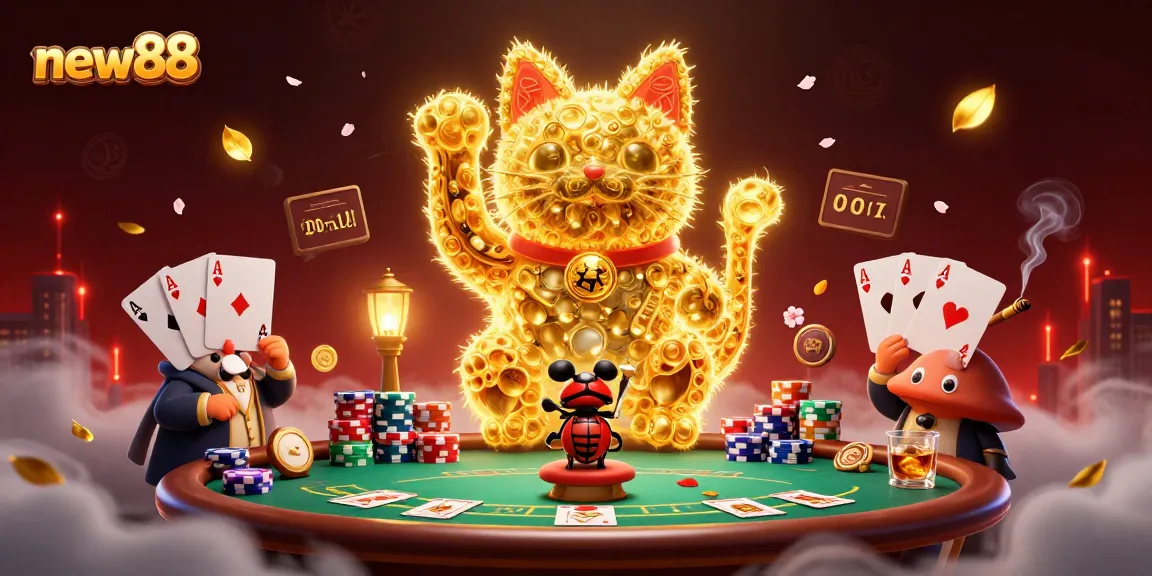 new88 showcases an enchanting scene with a golden lucky cat and poker elements surrounded by vibrant casino symbols
