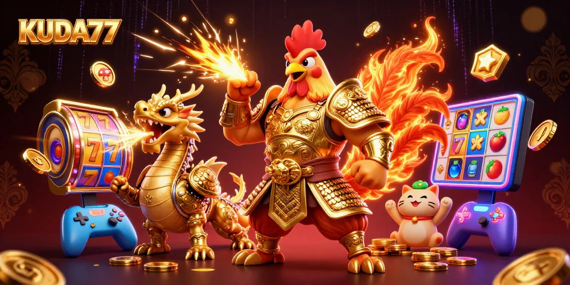 KUDA77 menampilkan petarung ayam 3D mengesankan dalam armor samurai, dikelilingi elemen mesin slot yang menarik.
