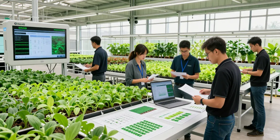 Interior of a modern indoor agriculture facility showcasing CIKA4D team designing vertical farming solutions with advanced technology.