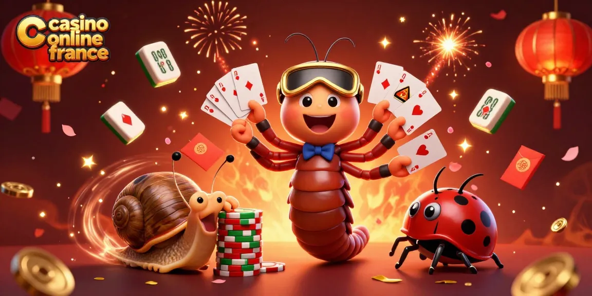 Jouez dans un casino en ligne en France avec des illustrations festives et colorées comprenant un croupier et un joueur.