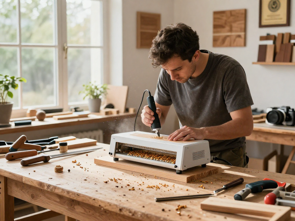 Shashel technology effectively treating wooden furniture for woodworms in a bright workshop.