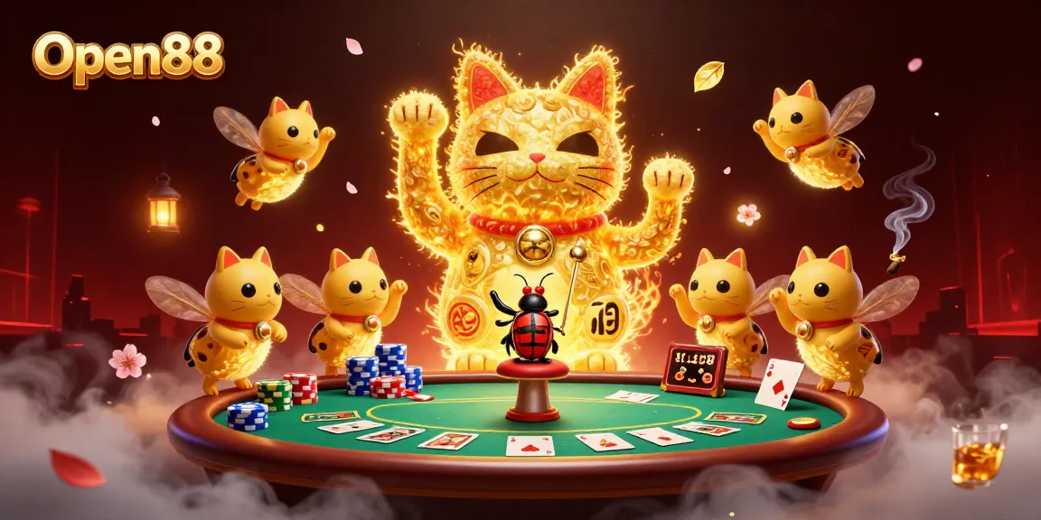 Play exciting games at Open88 with a dynamic scene of lucky symbols and poker elements