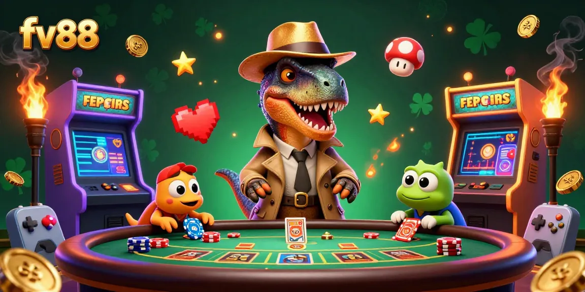 Experience intense gaming action with a lively fv88 casino scene featuring animated characters and vibrant casino elements.