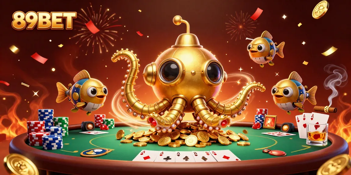 Engage in thrilling gameplay at 89BET with golden kraken submarine and poker elements.