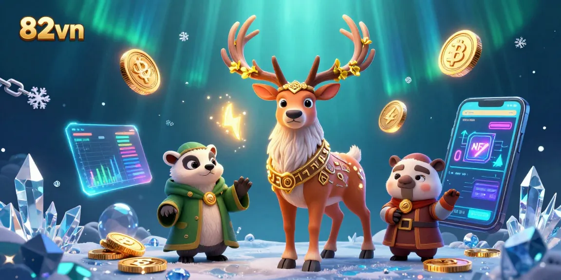 Engage with 82vn's gaming world featuring fantasy characters and vibrant crypto elements.
