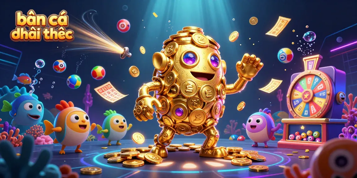 Engage in bắn cá đổi thưởng with a dazzling underwater scene featuring a golden golem and vibrant fish