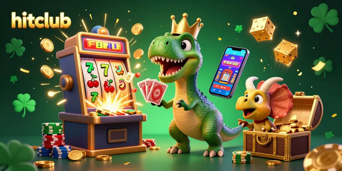 Hitclub's playful T-Rex shuffles cards while friends stack golden chips, evoking vibrant casino excitement.