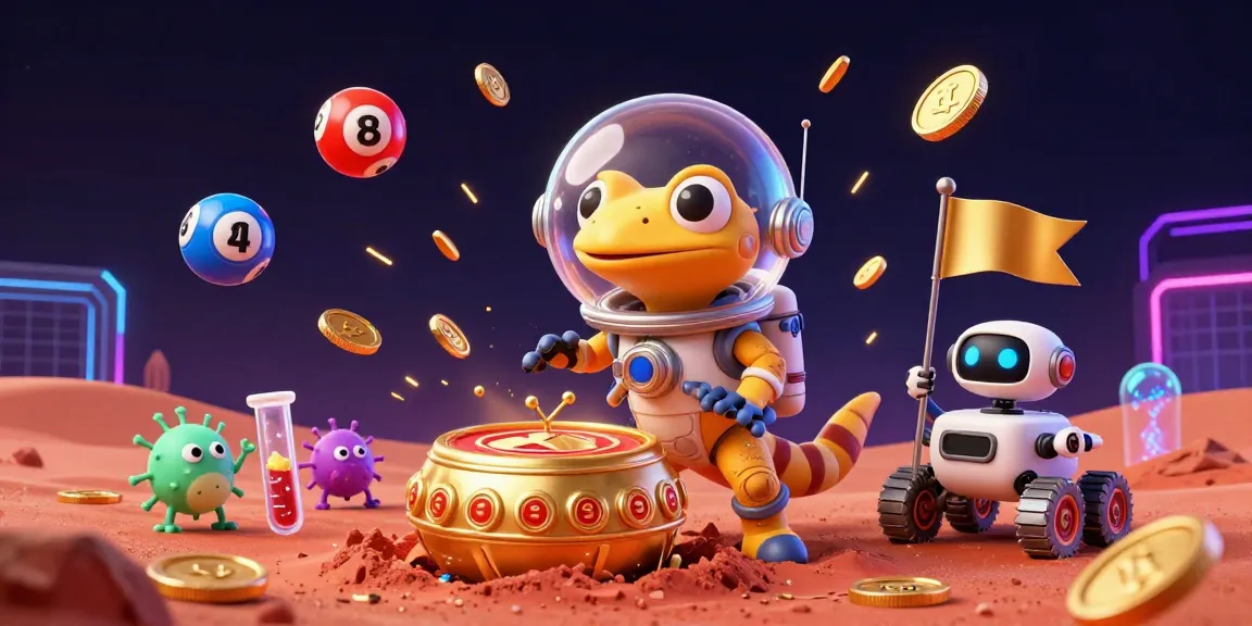 NOHU's Martian gecko celebrates in a lively casino scene with lottery elements and a dynamic backdrop.