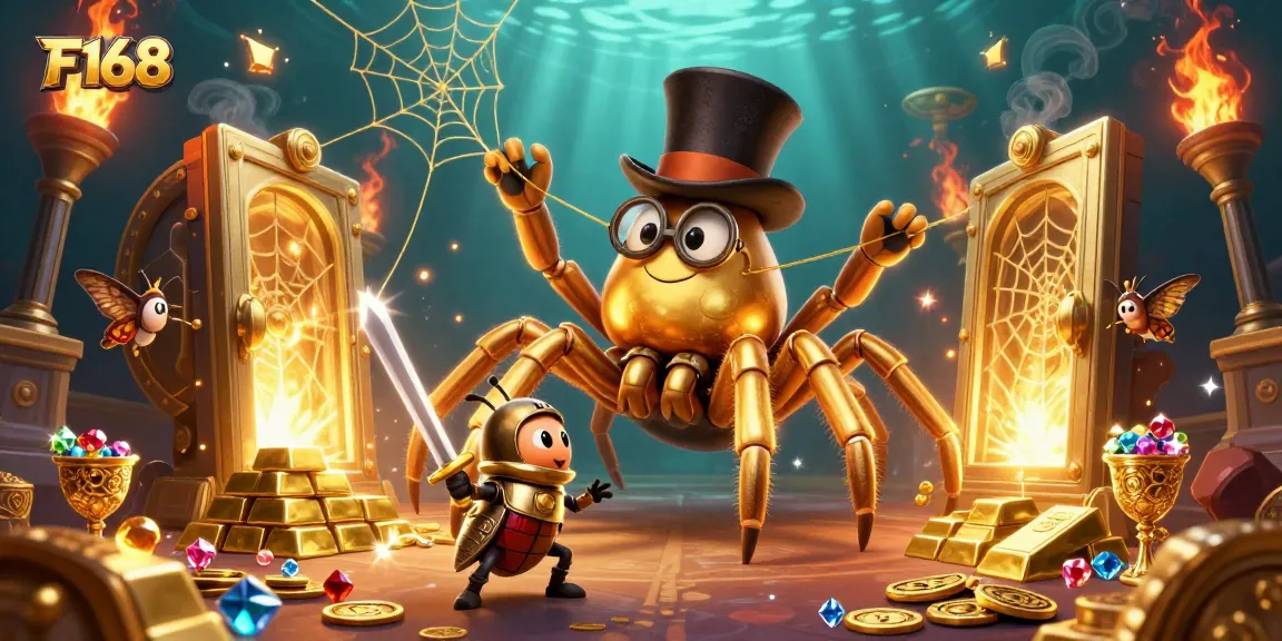 Experience thrilling wins at F168 with a vibrant scene of gambling excitement and treasure.