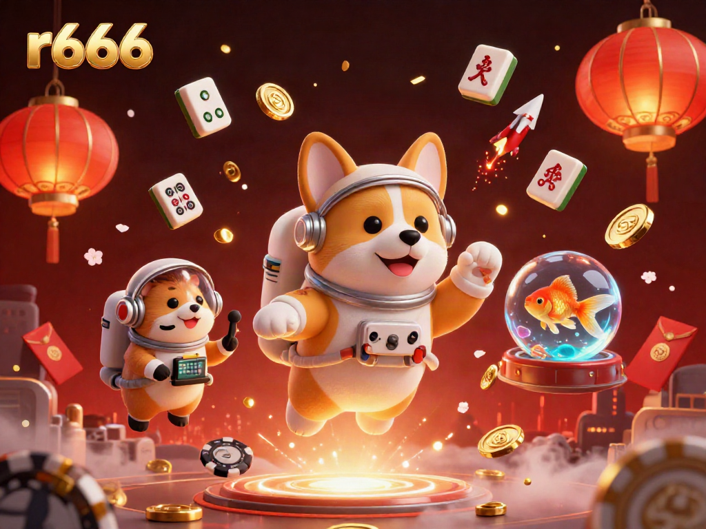 Experience the thrilling r666 gaming adventure with floating tokens and whimsical characters in a vibrant casino scene.