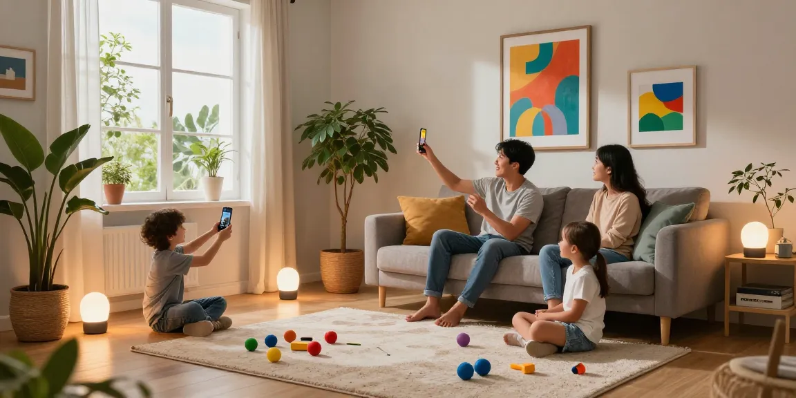 IKEA smart home setup with family enjoying smart lighting features in a cozy living room.
