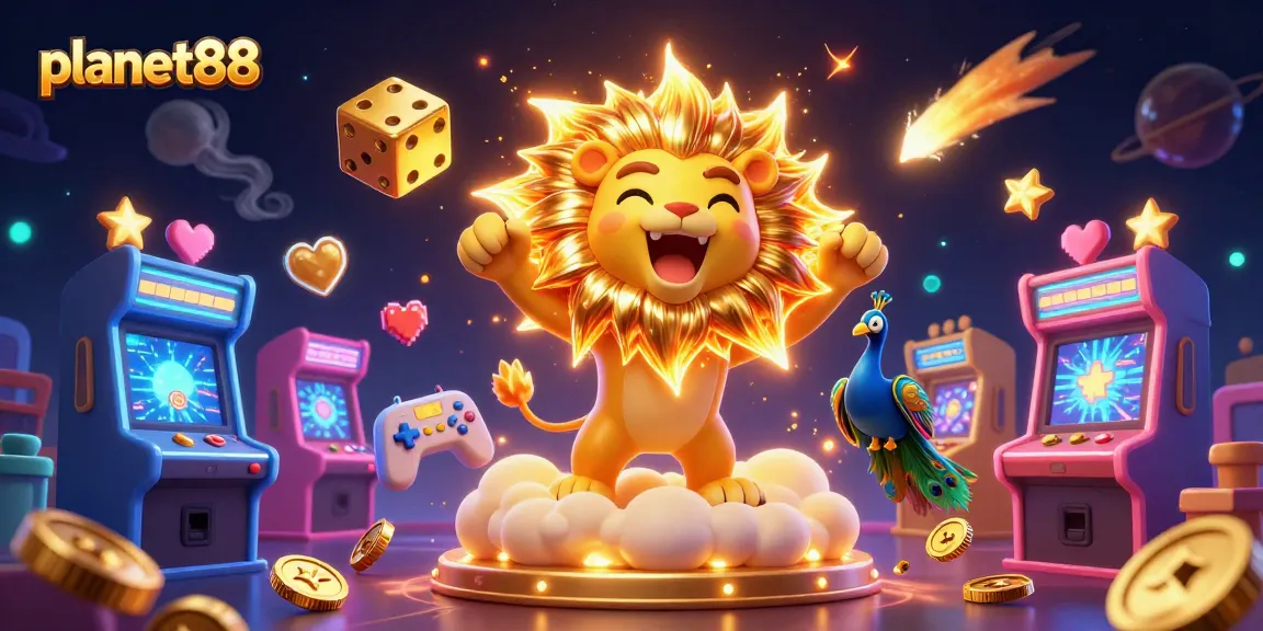 Spin to victory at planet88 with a playful 3D cartoon sun lion amid vibrant casino elements.