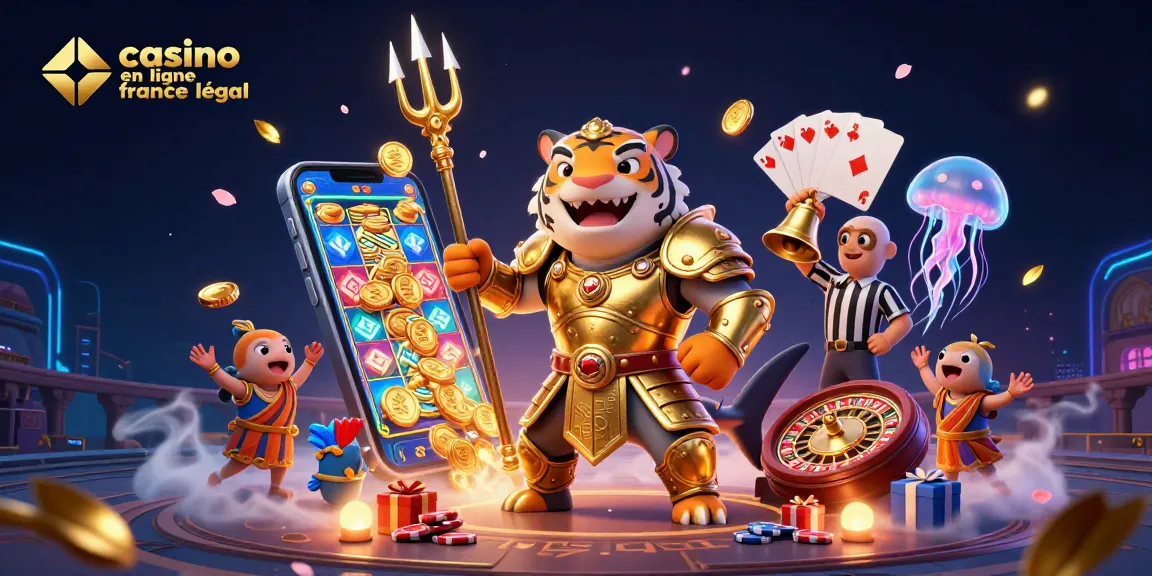 Jouez sur un casino en ligne légal en France avec des personnages colorés dans une illustration dynamique.