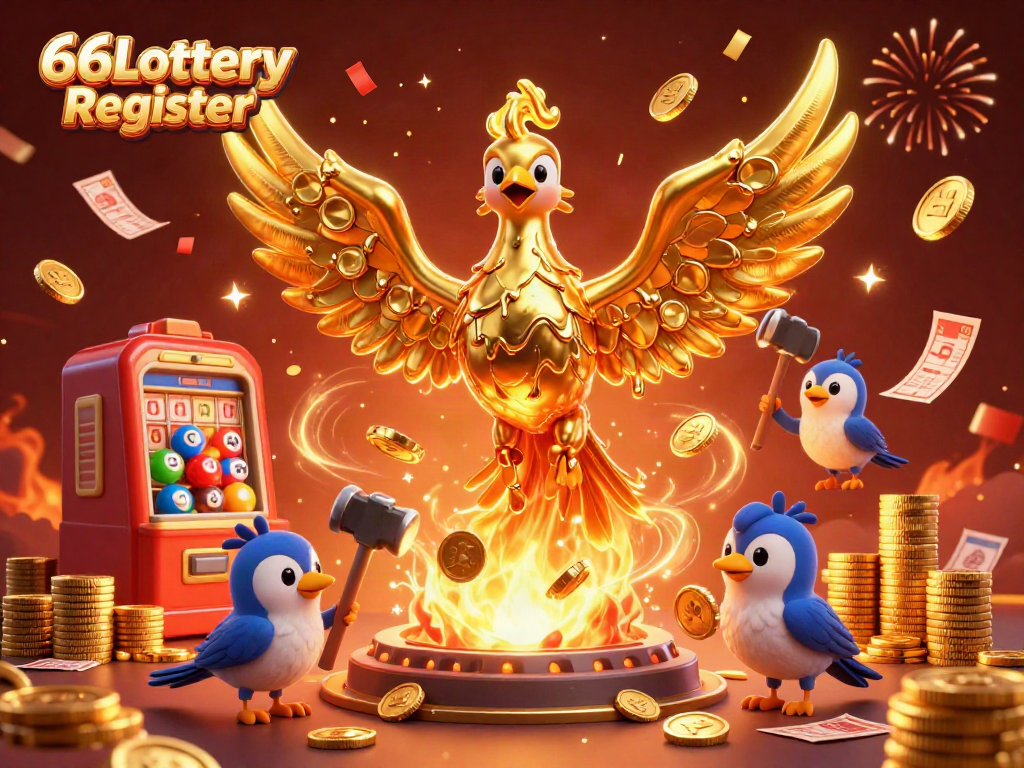 Experience the excitement of 66Lottery Register with a vibrant, thrilling 3D gold phoenix and lottery elements.