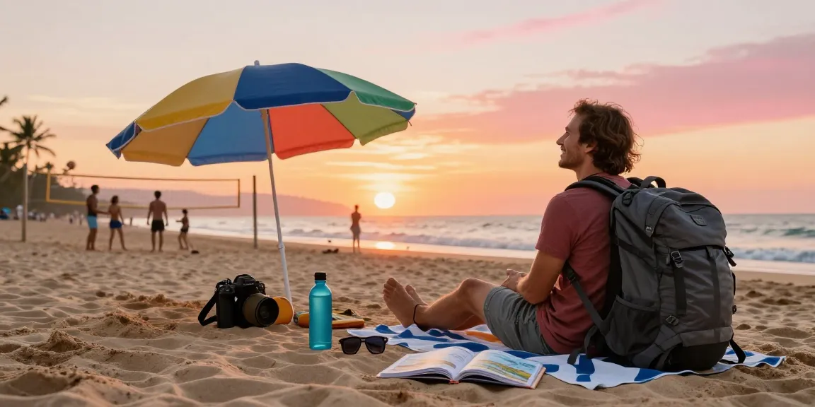 Backpacker enjoying the sunset at Motchill beach, surrounded by travel essentials and friends.