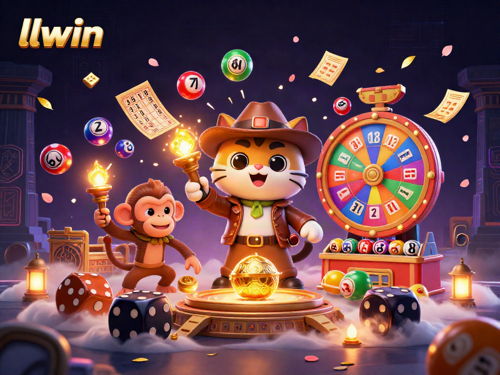 llwin casino artifact discovery scene with a cartoon cat explorer, monkey companion, and vibrant lottery elements.