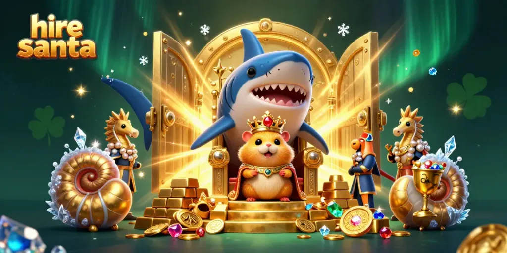 Hire Santa in a vibrant 3D gambling scene with treasures and festive characters.