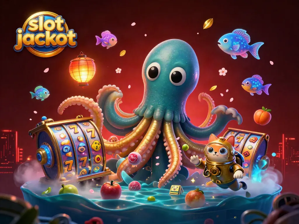 Spinning slot jackpot reels and golden tentacled kraken creating excitement in a vibrant casino scene.