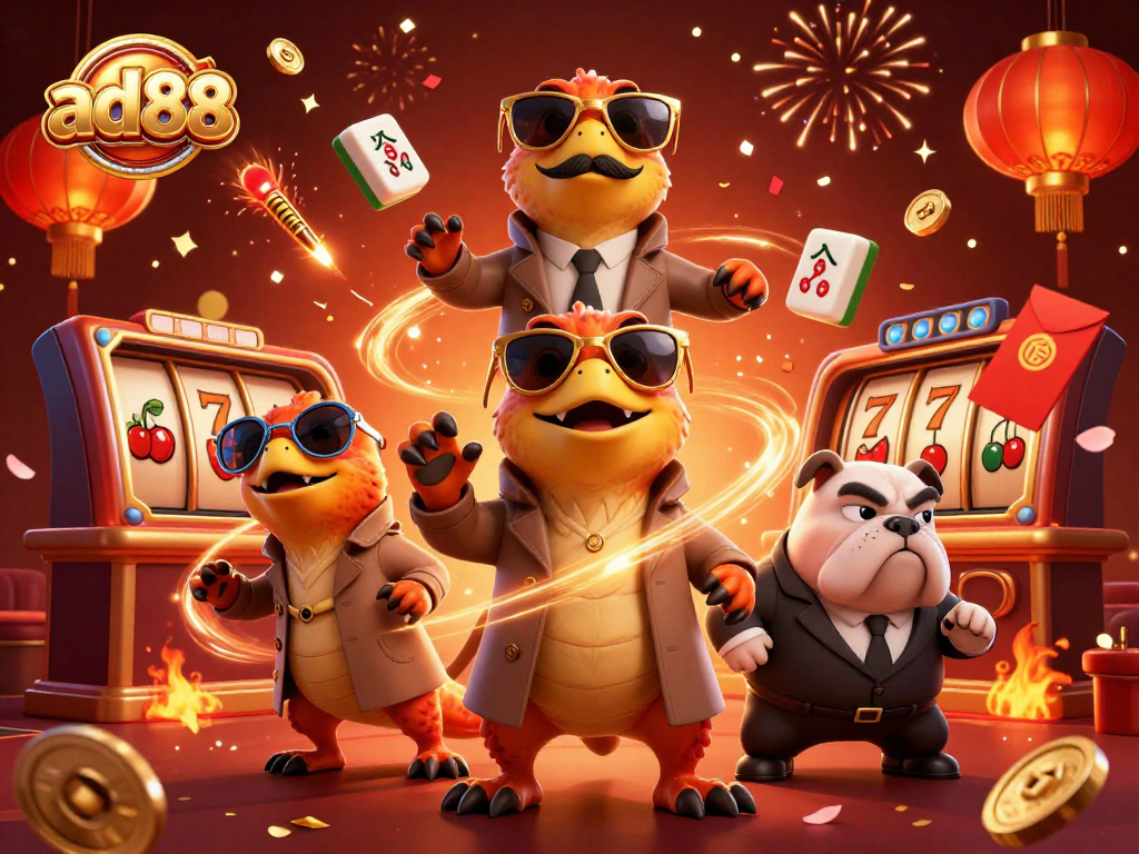 ad88 raptors humorously disguising as a tall person at a casino entrance with vivid gaming symbols
