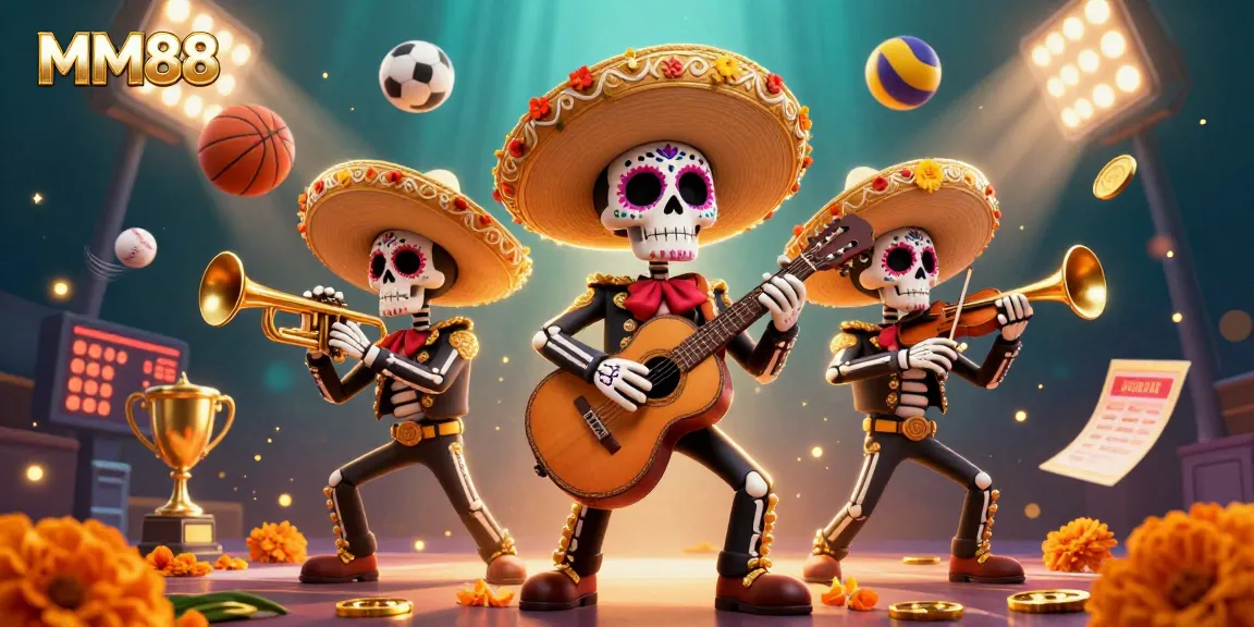 Experience the excitement of MM88 as a mariachi band plays amid vibrant sports betting elements.