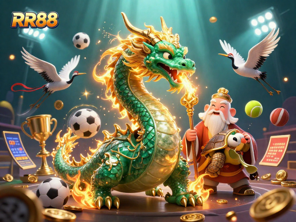 Experience the excitement of RR88 with a dragon and sage amidst vibrant casino elements.