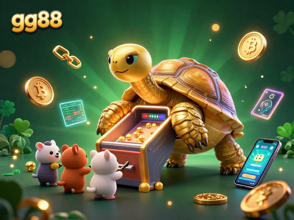 Join the excitement at gg88 with a vibrant 3D illustration of a golden tortoise pinball game and neon cryptocurrency.