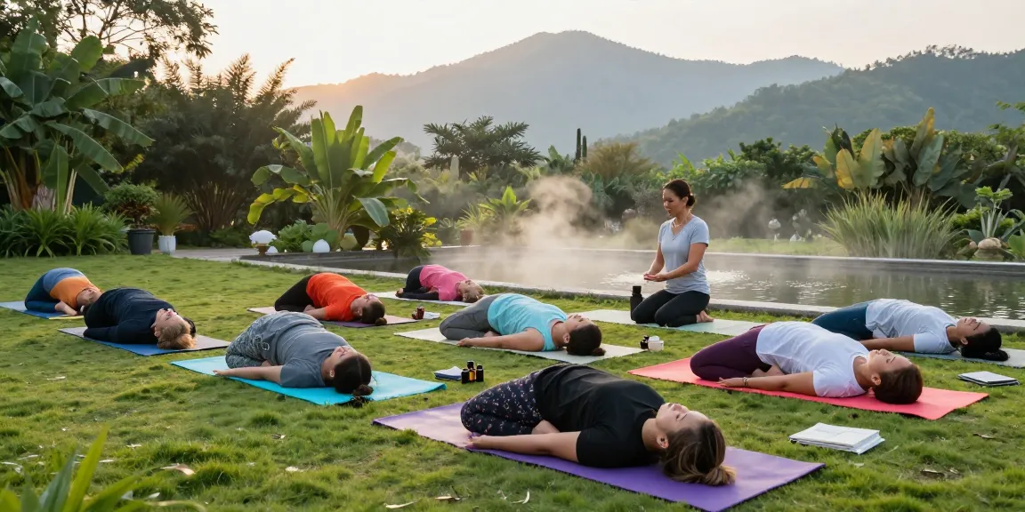 Participants at a Motchill wellness retreat practicing yoga amidst nature.