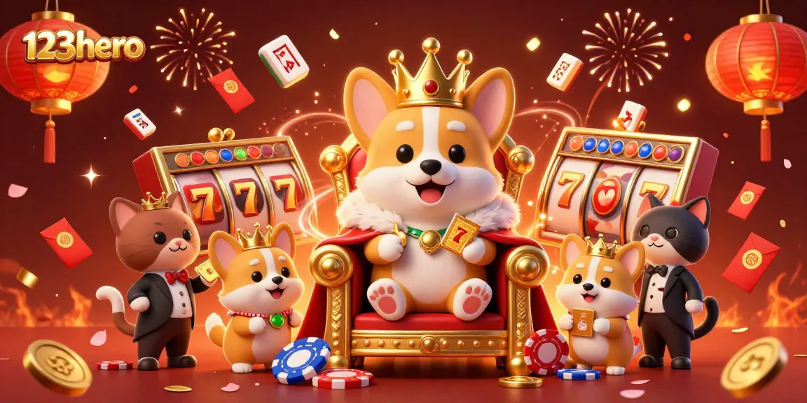 Experience thrilling games with 123hero’s dynamic casino scene featuring corgi royalty and vibrant decorations.
