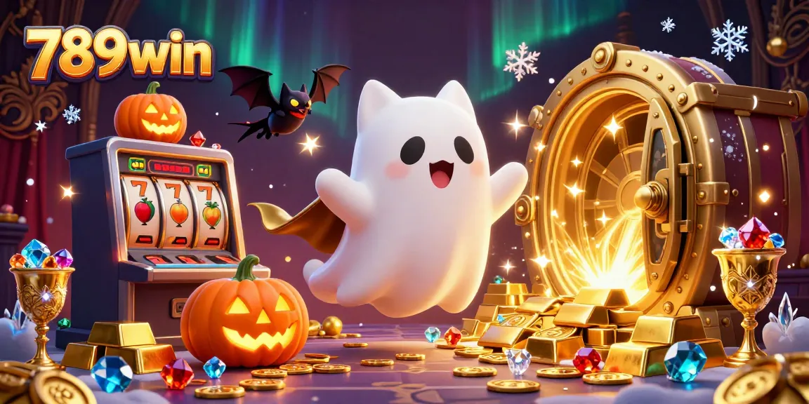 Win big with 789win as a ghost cat haunts a vibrant casino, surrounded by dazzling treasures.